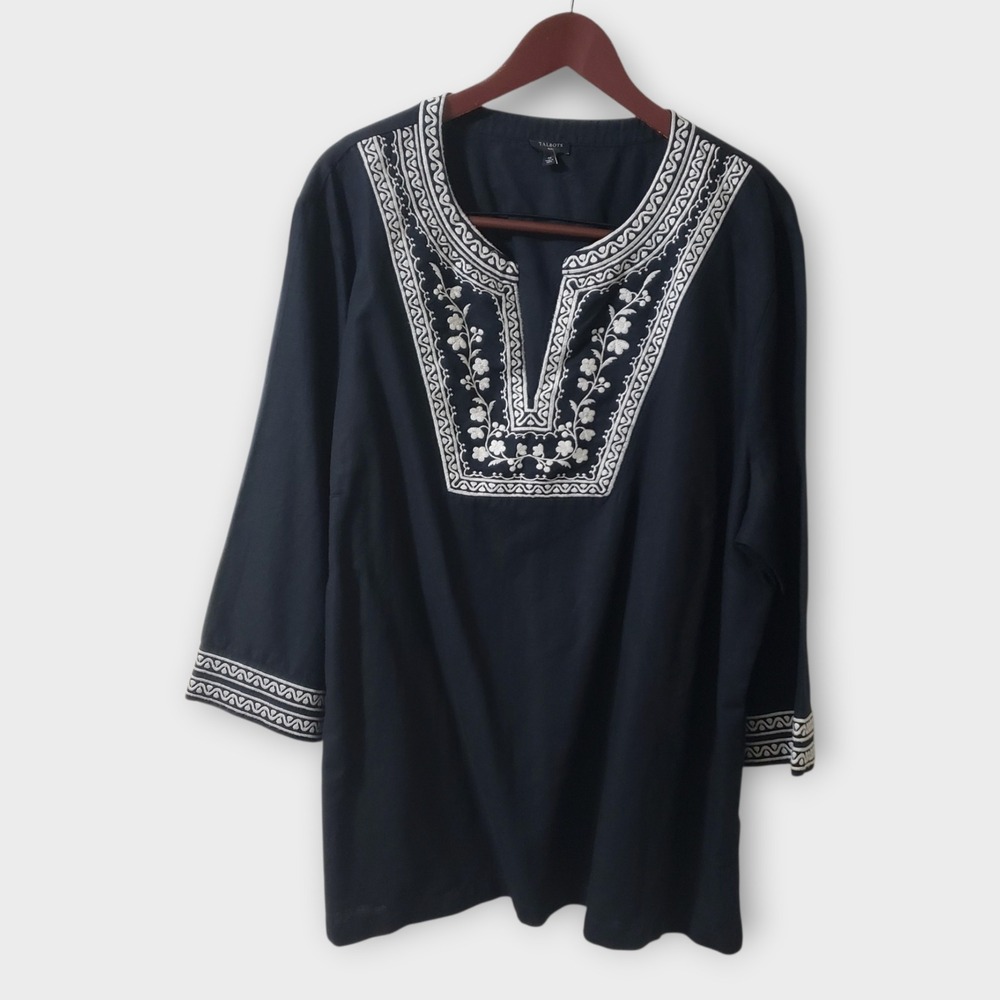 Talbots Plus 3X Black Embroidered Linen Cotton Tunic Top 3/4 Sleeve Blouse